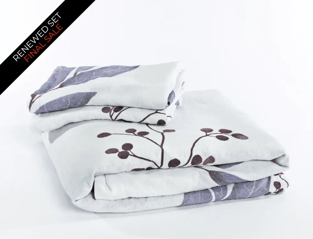 European organic linen duvet cover set in moderns Scandinavian design on white with purple leaves - Twin / Standard, Full/Queen / Standard, King/Cal-King / Standard, King/Cal-King / King