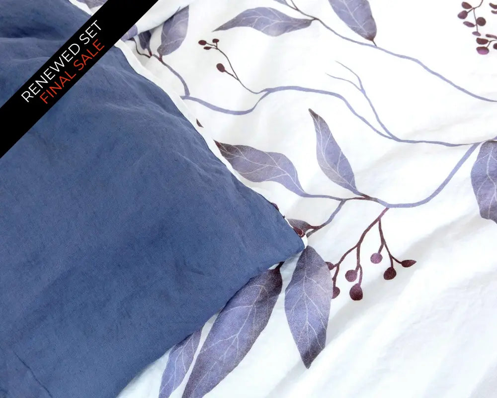 European organic linen duvet cover set in moderns Scandinavian design on white with purple leaves - Twin / Standard, Full/Queen / Standard, King/Cal-King / Standard, King/Cal-King / King