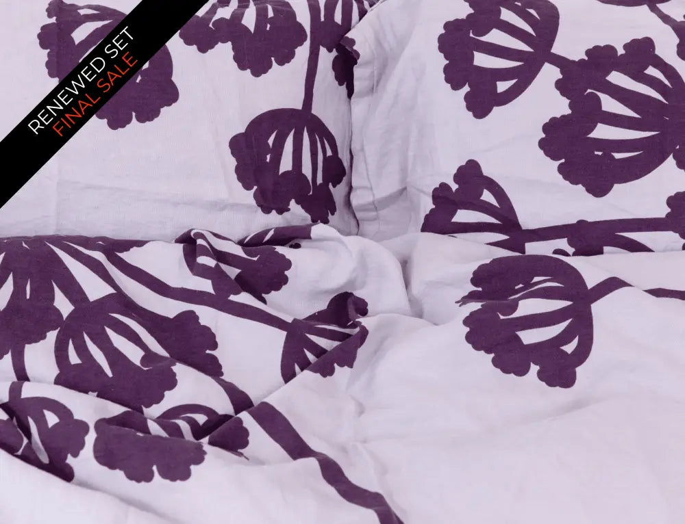 Purple organic European linen duvet cover set with two matching pillow cases in modern Scandinavian floral design - Twin / Standard, Full/Queen / Standard, King/Cal-King / Standard, King/Cal-King / King