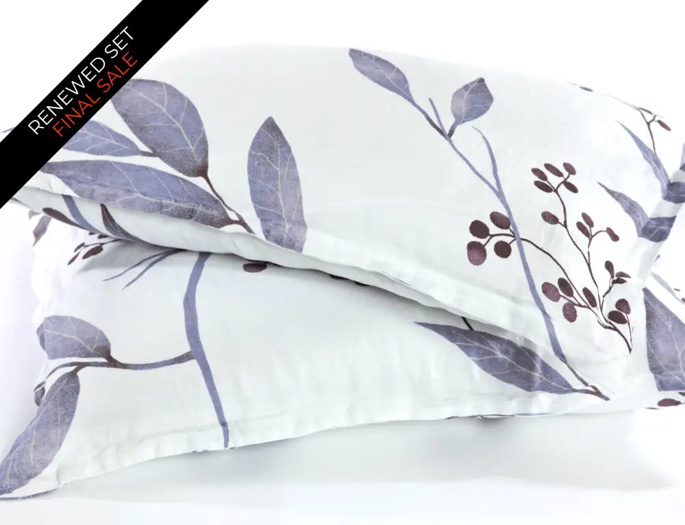European organic linen duvet cover set in moderns Scandinavian design on white with purple leaves - Twin / Standard, Full/Queen / Standard, King/Cal-King / Standard, King/Cal-King / King