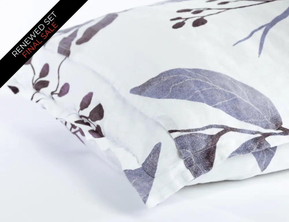 European organic linen duvet cover set in moderns Scandinavian design on white with purple leaves - Twin / Standard, Full/Queen / Standard, King/Cal-King / Standard, King/Cal-King / King