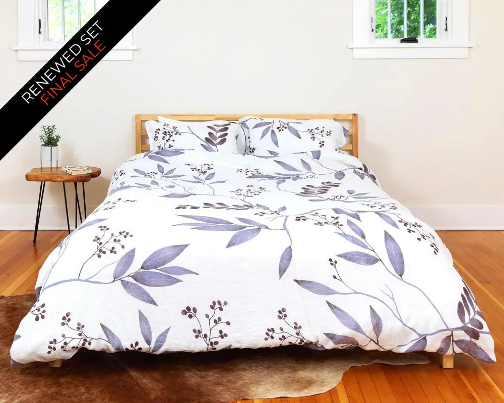 European organic linen duvet cover set in moderns Scandinavian design on white with purple leaves - Twin / Standard, Full/Queen / Standard, King/Cal-King / Standard, King/Cal-King / King