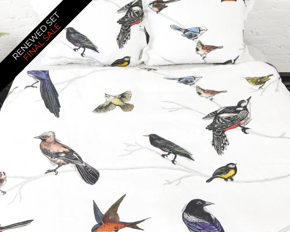 Organic european linen duvet cover set with Scandinavian birds design and chambray grey backside - Twin / Standard, Full/Queen / Standard, King/Cal-King / Standard, King/Cal-King / King