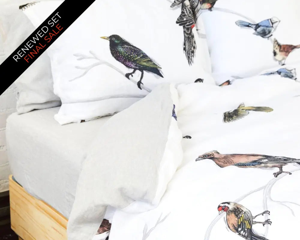 Organic european linen duvet cover set with Scandinavian birds design and chambray grey backside - Twin / Standard, Full/Queen / Standard, King/Cal-King / Standard, King/Cal-King / King