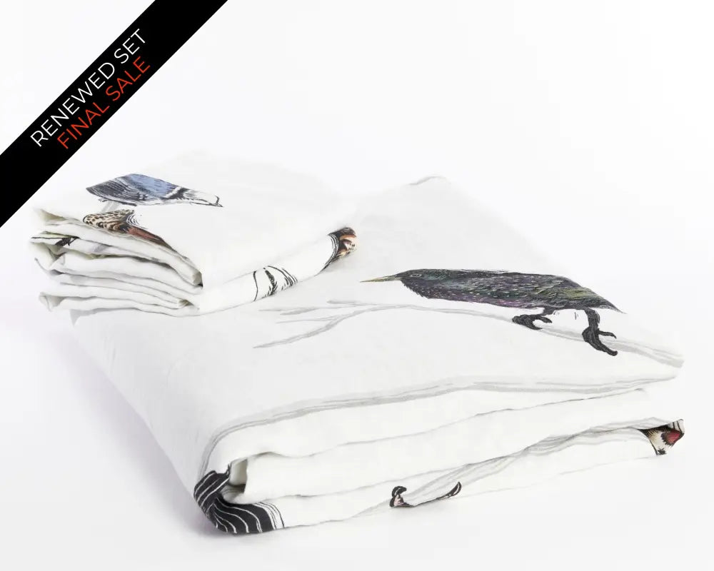 Organic european linen duvet cover set with Scandinavian birds design and chambray grey backside - Twin / Standard, Full/Queen / Standard, King/Cal-King / Standard, King/Cal-King / King