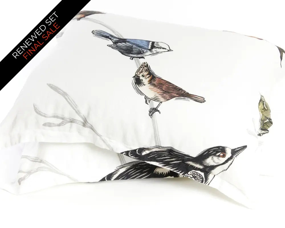 Organic european linen duvet cover set with Scandinavian birds design and chambray grey backside - Twin / Standard, Full/Queen / Standard, King/Cal-King / Standard, King/Cal-King / King