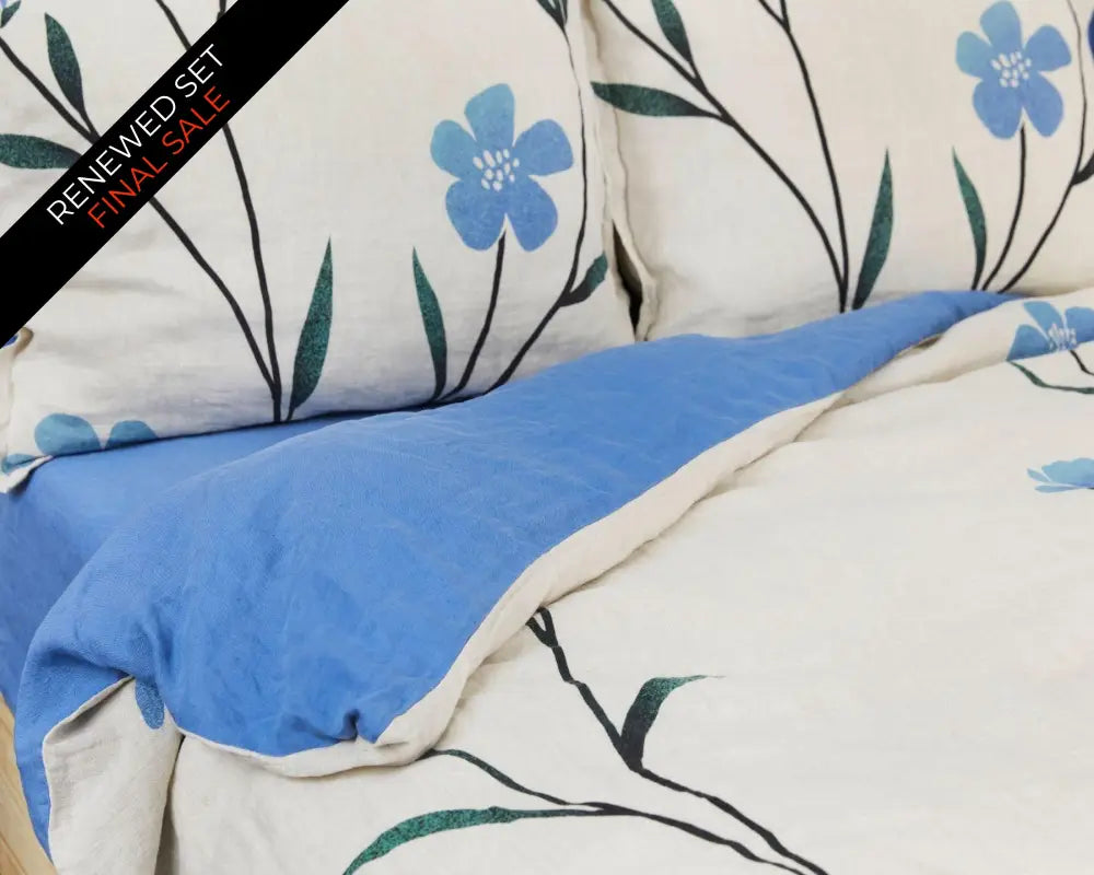 Organic European linen duvet cover on natural flax linen with Scandinavian floral design featuring blue flowers - Twin / Standard, Full/Queen / Standard, King/Cal-King / Standard, King/Cal-King / King
