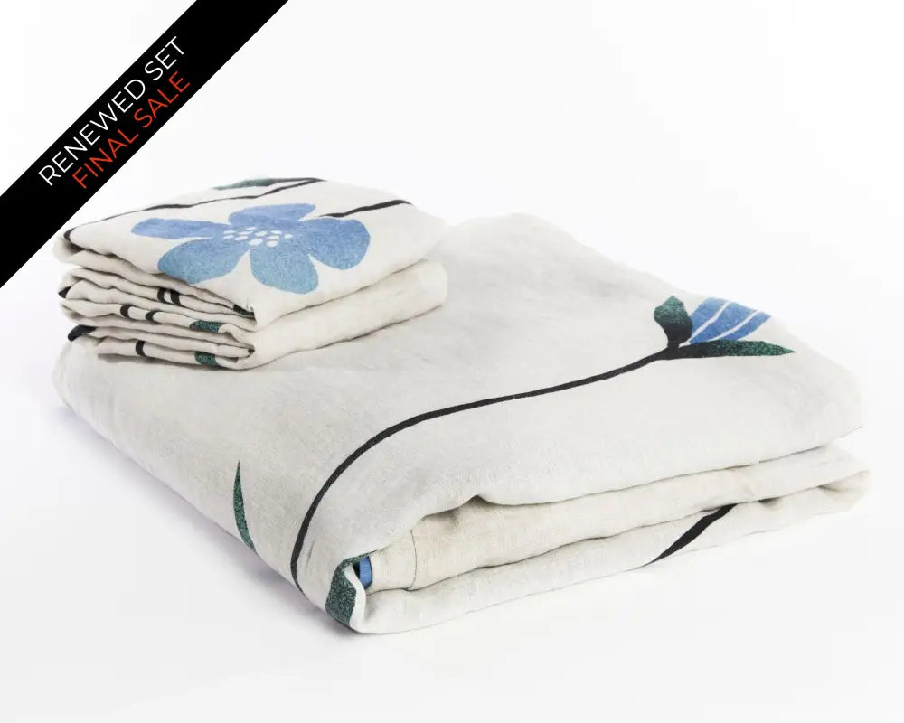 Organic European linen duvet cover on natural flax linen with Scandinavian floral design featuring blue flowers - Twin / Standard, Full/Queen / Standard, King/Cal-King / Standard, King/Cal-King / King